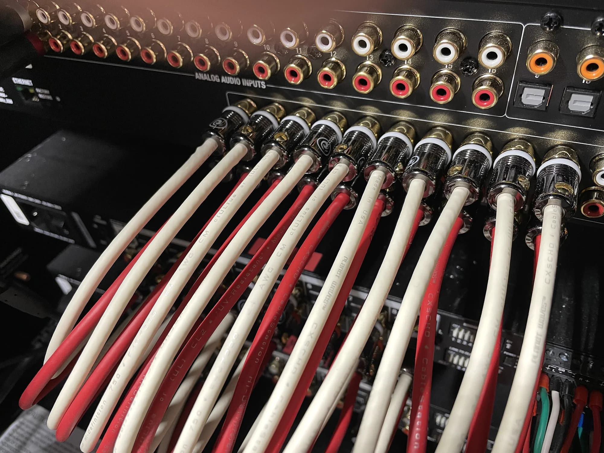 Close-up of organized audio video distribution cabling completed by YCOP