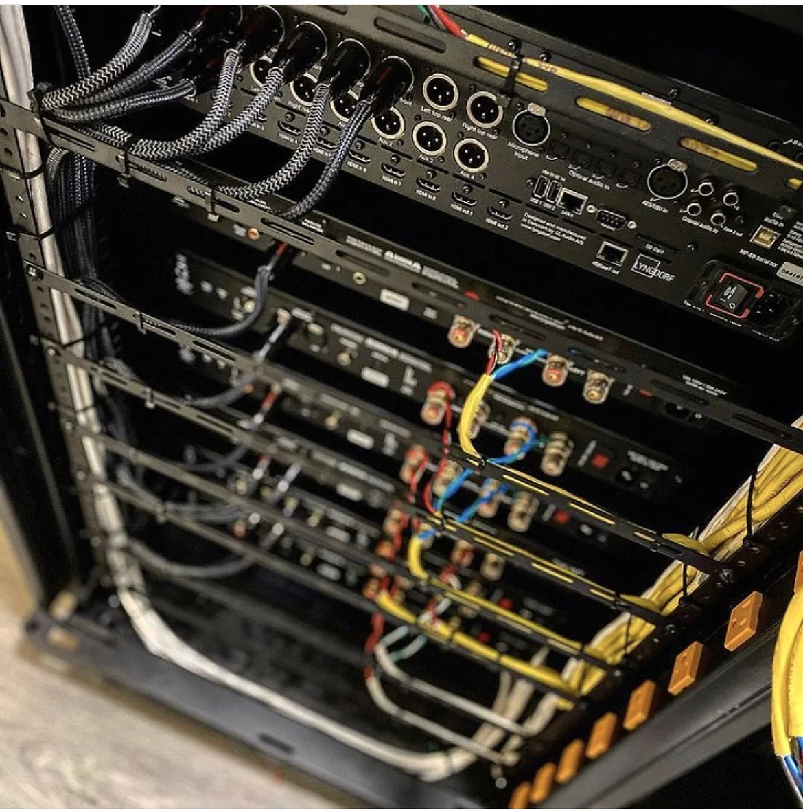 YCOP whole-home audio and video rack installation with organized equipment and cabling